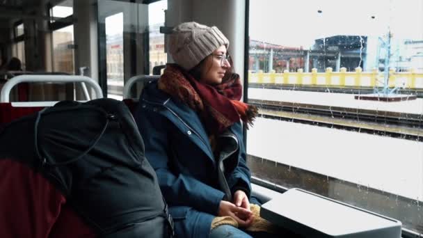 Turista chica está mirando por la ventana del tren . — Vídeos de Stock