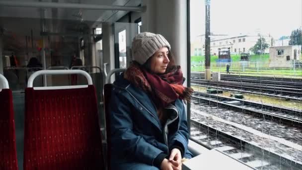 Meisje toeristische is kijkt uit het raam van de trein. — Stockvideo