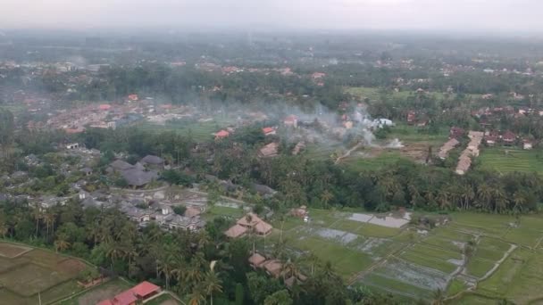 El dron vuela sobre la selva de Ubud en Bali, palmeras y casas con techos marrones y grises son visibles, una hoguera está fumando. clima nublado y gris — Vídeo de stock