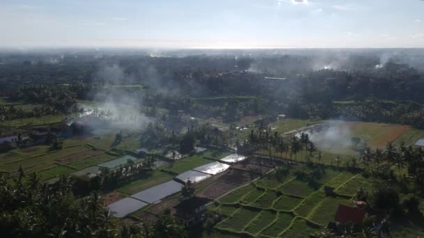 El quadrocopter vuela hacia atrás, disparando paralelamente al suelo, el humo de las hogueras y el resplandor del sol son visibles en el reflejo del agua en los campos de arroz en Ubud Bali, contra un cielo azul sin nubes — Vídeos de Stock