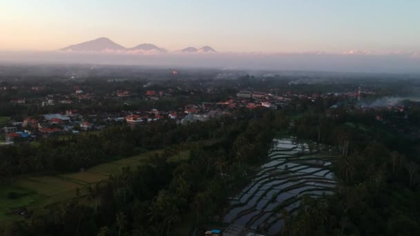 Hermoso atardecer con un dron volando sobre terrazas de arroz con reflejo de agua, montañas en el horizonte y un globo con pintorescas nubes y cielo azul en Ubud Bali — Vídeo de stock