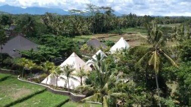 Kuadrokopter Ubud Bali 'deki piramitlerin yakınında havalanır. Ormandaki palmiye ağaçları ve piramitler açık güneşli havada görülebilir. Güzel dağlarda ve arka planda bir yanardağ görülebilir.