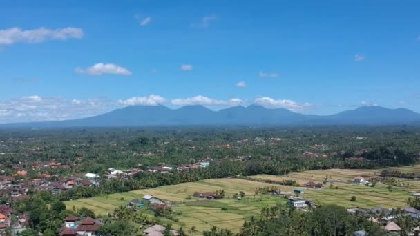 Atterraggio di un drone in tempo soleggiato in un sobborgo di Ubud, case, giungle di palme e montagne all'orizzonte con nuvole bianche sono visibili — Video Stock