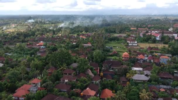 Le drone atterrit au centre de l'ubud avec vue sur les toits rouges et les palmiers contre un ciel nuageux — Video