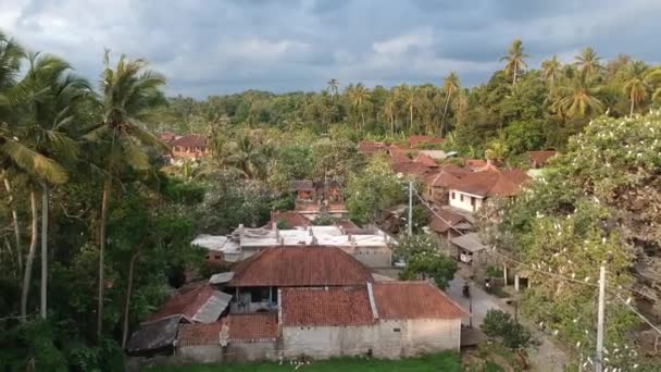 Πετώντας πάνω από γερανογέφυρες σπίτια Petulu Heron πουλί αποικία σημείο παρακολούθησης κοντά Ubud Bali — Αρχείο Βίντεο