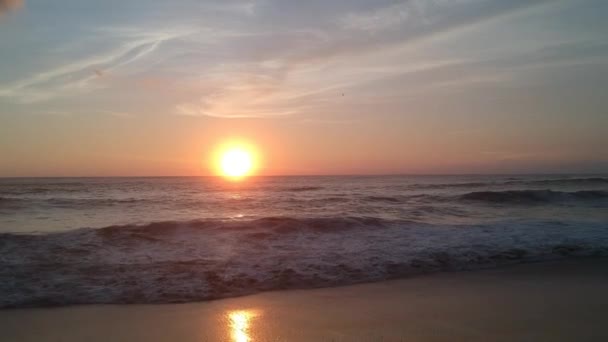 ピンクブルーの夕日に大きな波で海岸から海の上を飛んでいます — ストック動画