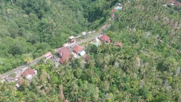Überspannt die Straße mit Häusern mit roten Dächern, die ringsum entlang des Bergrückens in den Dickicht von Cotinus coggygria und Palmen bei sonnigem Wetter verlaufen bali indonesien — Stockvideo