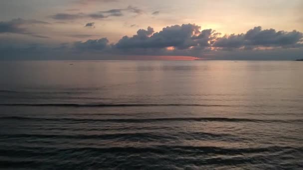 Взлет над океаном на закате с розовыми цветами — стоковое видео
