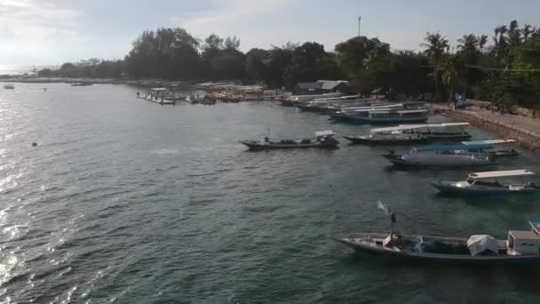 Över piren med fiskebåtar i hamnen — Stockvideo