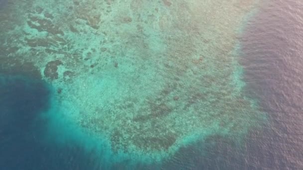 Mit einer Drohne über einem wunderschönen Unterwasserschelf im türkisfarbenen Ozean vor der goldenen Luft — Stockvideo