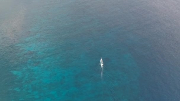 Ram av en drönare som flyger vertikalt ner på det turkosblå havet längs vilken båten flyter — Stockvideo