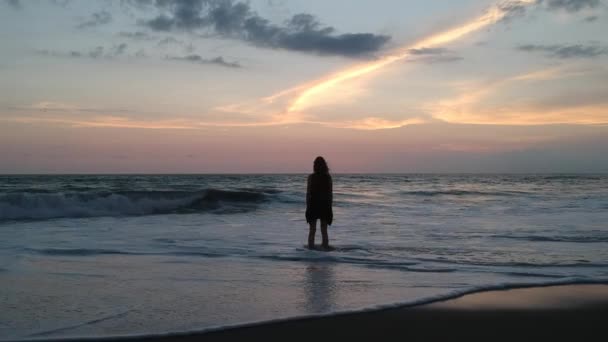 Drönaren flyger förbi en flicka med ryggen mot ramen i havet och hinner ifatt solnedgången och solasia... — Stockvideo