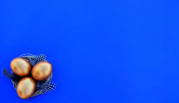 Gouden Paaseieren Een Nest Met Veren Een Blauwe Achtergrond Kopieerruimte — Stockfoto
