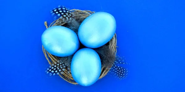 Blauwe Paaseieren Een Nest Met Veren Een Blauwe Achtergrond Kopieerruimte — Stockfoto