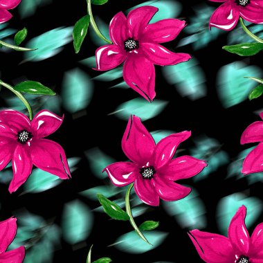 Renkli çiçeklerle renksiz, parlak desenli el çizimi