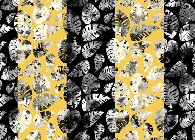 Tropikal karışık yaprak ve çizgilerle renksiz desen 