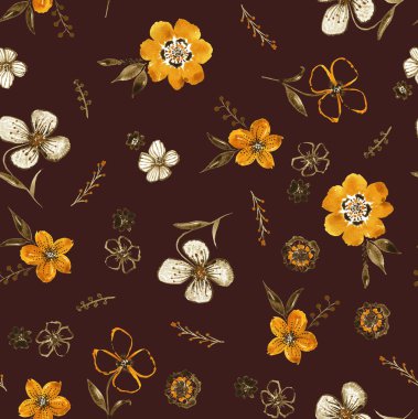 Renkli çiçeklerle renksiz, parlak desenli el çizimi