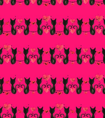 Kusursuz renksiz parlak desenli kediler ve kalplerle 