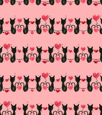 Kusursuz renksiz parlak desenli kediler ve kalplerle 