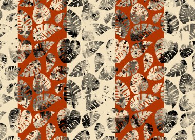 Tropikal karışık yaprak ve çizgilerle renksiz desen 