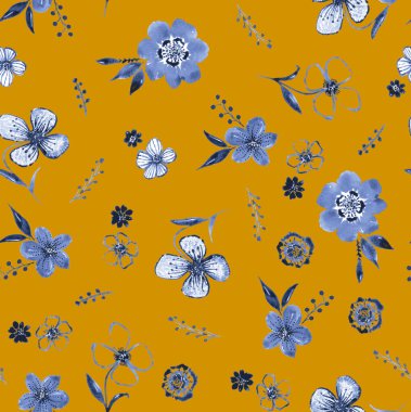 Renkli çiçeklerle renksiz, parlak desenli el çizimi