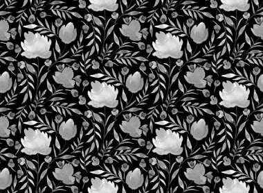 Renkli çiçeklerle renksiz, parlak desenli el çizimi