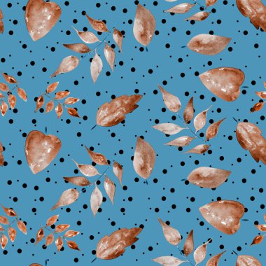 Noktalı arka planda yaprakları olan renksiz parlak desenli el çizimi. 