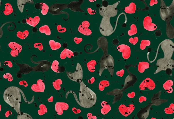Kusursuz Renksiz Parlak Desenli Kediler Kalplerle — Stok fotoğraf