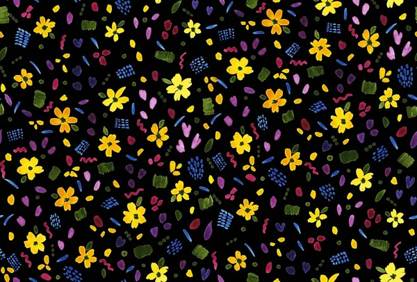 カラフルな花でシームレスな明るいパターンを描く手 — ストック写真