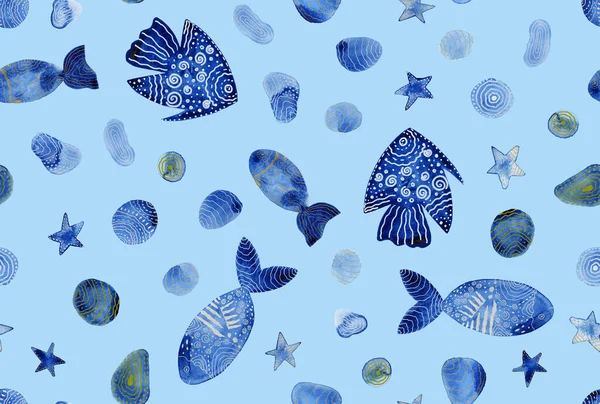 手描きのカラフルな魚やヒトデと貝殻でシームレスなカラフルな明るいパターン — ストック写真