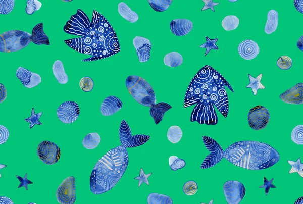 手绘色彩艳丽的图案 搭配五彩斑斓的鱼和海贝 — 图库照片