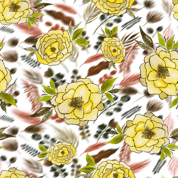 Nahtloses Muster Mit Verschwommenen Blättern Und Blüten — Stockfoto