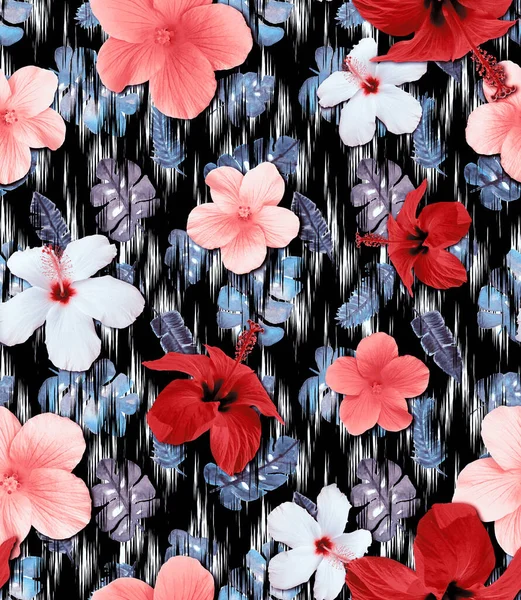 Naadloze Kleurrijke Helder Gemengd Patroon Met Tropische Bloemen Met Hand — Stockfoto