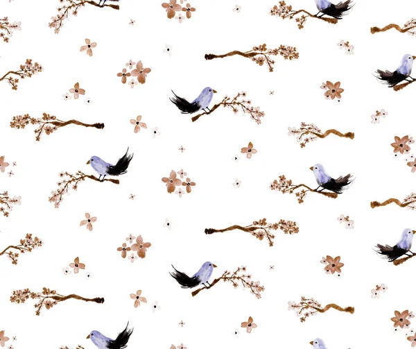 Ручний Живопис Анотація Акварель Японські Квіти Вишневий Квітка Гілки Птахи — стокове фото