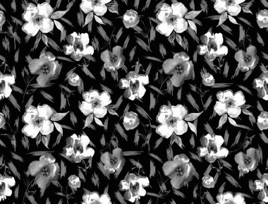 Renkli çiçeklerle renksiz, parlak desenli el çizimi