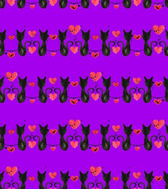 Kusursuz renksiz parlak desenli kediler ve kalplerle 