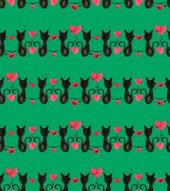 Kusursuz renksiz parlak desenli kediler ve kalplerle 