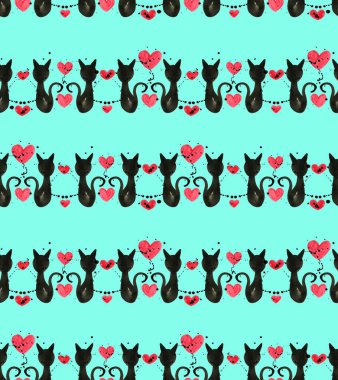 Kusursuz renksiz parlak desenli kediler ve kalplerle 