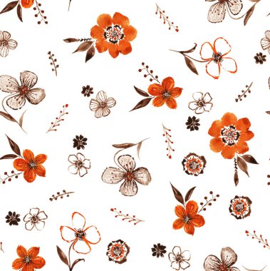 Renkli çiçeklerle renksiz, parlak desenli el çizimi