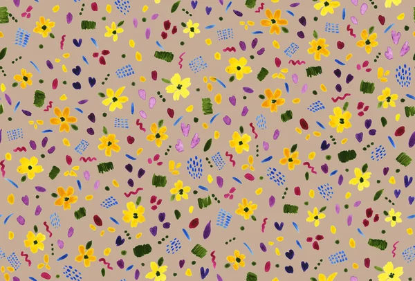 カラフルな花でシームレスな明るいパターンを描く手 — ストック写真