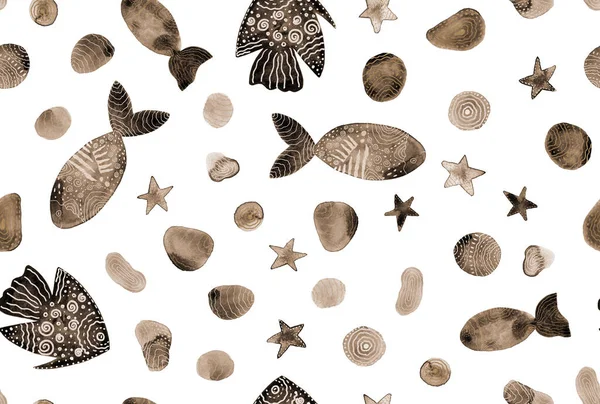 Hand Drawn Seamless Colorful Bright Pattern Colorful Fishes Seashells Starfishes — Stock Photo, Image