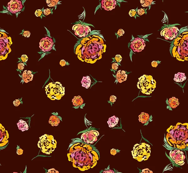 Hand Drawn Seamless Colorful Bright Pattern Colorful Roses — Stock Photo, Image