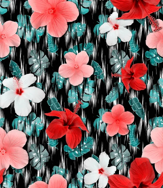 Patrón Mixto Brillante Colorido Sin Costuras Con Flores Tropicales Hojas —  Fotos de Stock