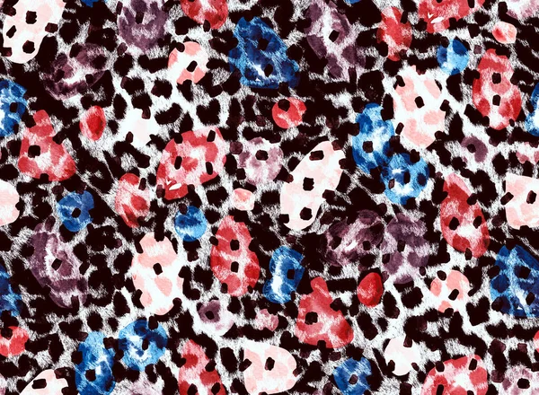 Seamless Pattern Colorful Flowers Leopard Spots — Stockfoto