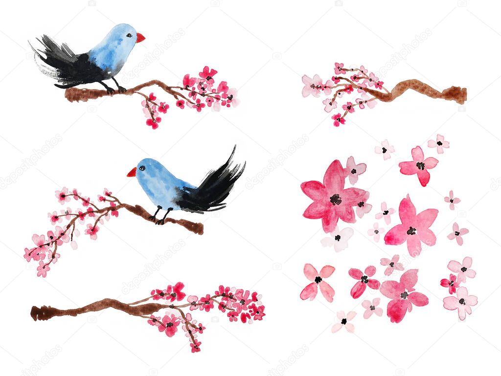 Hand Painting Abstract Watercolor Japanese Flowers Cherry Blossom Branches and Birds Repeating Pattern Isolated Background