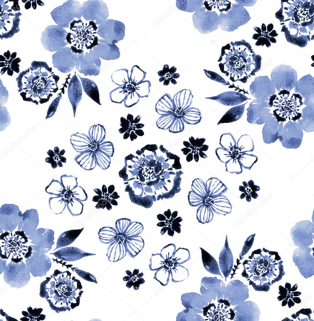 hand drawn seamless colorful bright pattern with flowers 