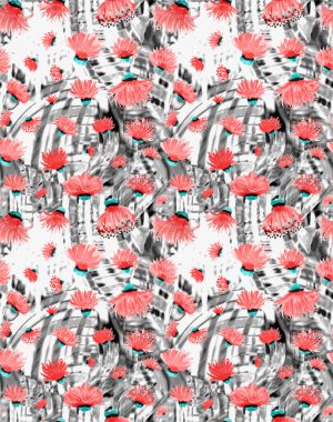 Renkli çiçeklerle renksiz, parlak desenli el çizimi