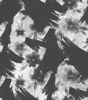 Renkli çiçekler ve boya fırçasıyla renksiz parlak desenli el çizimi 