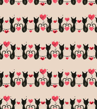 Kusursuz renksiz parlak desenli kediler ve kalplerle 