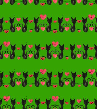 Kusursuz renksiz parlak desenli kediler ve kalplerle 